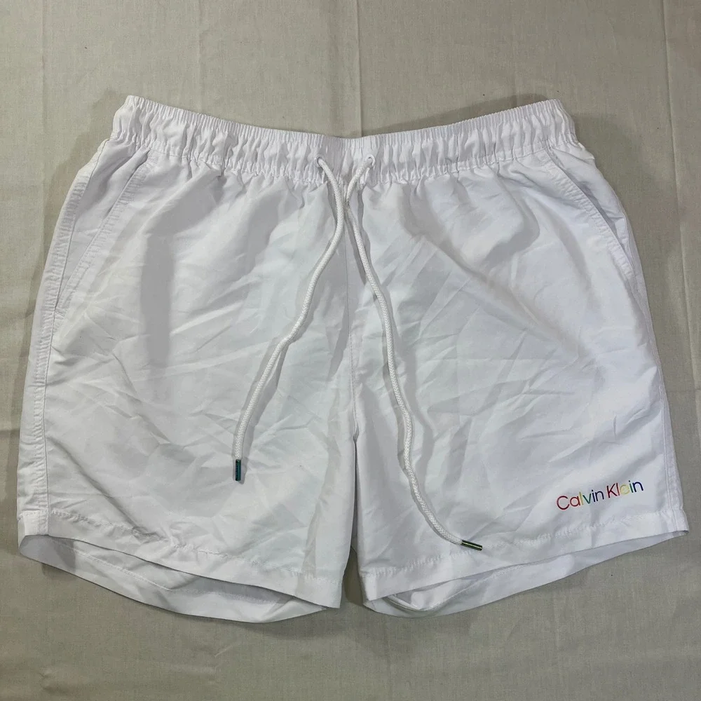 Calvin Klein Mens White Pride Rainbow Logo Swim Trunks Shorts Large 5in Inseam